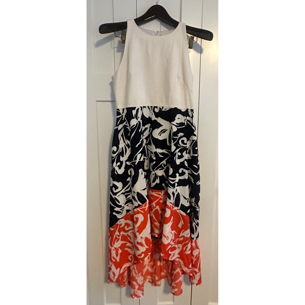 Vince Camuto Womens Floral High Low Dress White Navy Orange Sleeveless Size 12